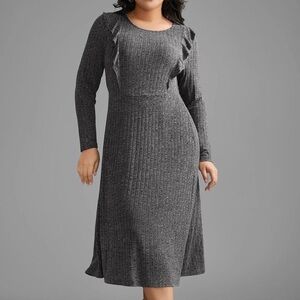 Ribbed Knit Long Sleeve Midi Dress - Gray